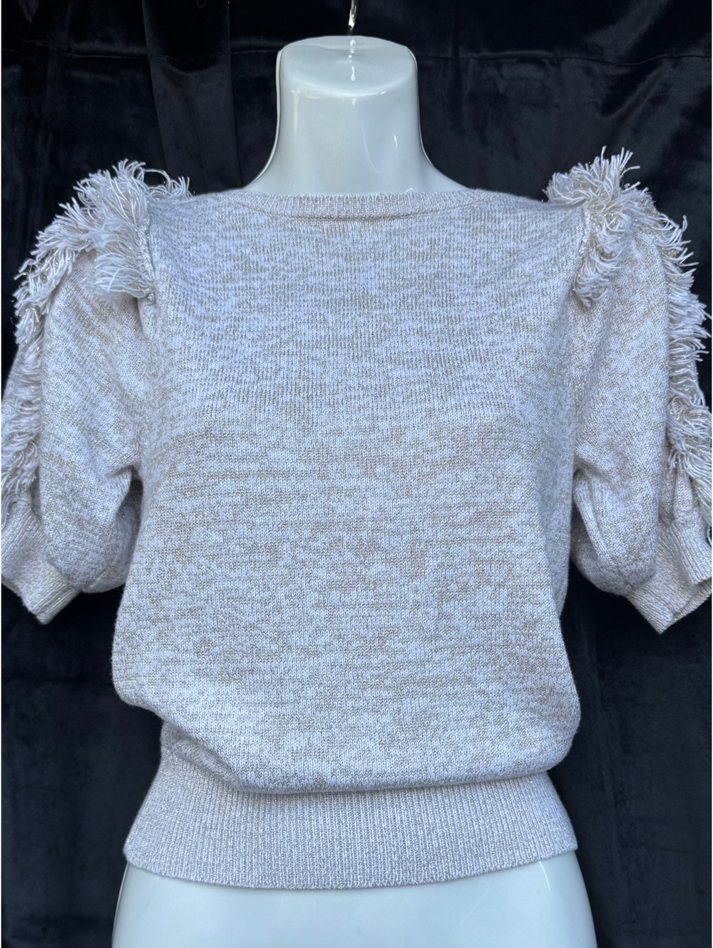 Ann Taylor Cream Gold Metallic Short Sleeve Sweater Fringe Shoulder Petite XSmal